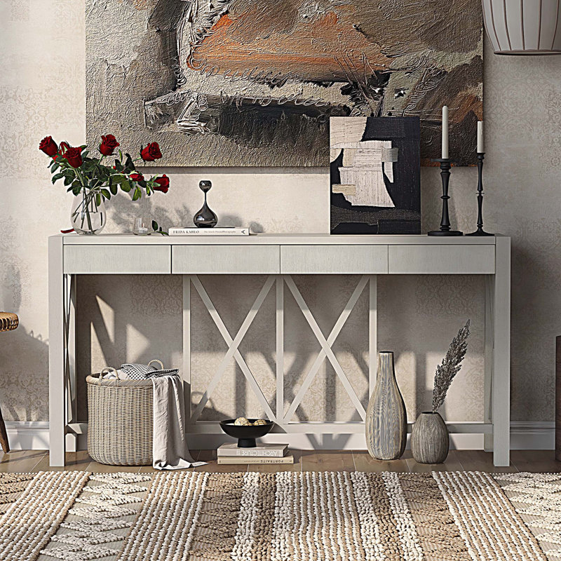 Console avec 4 tiroirs spacieux, table d'entrée Crisscross moderne avec rangement ouvert, Beige