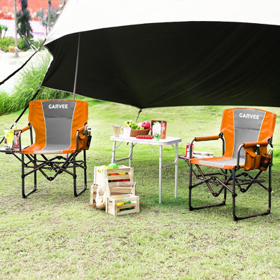 2 Pack Folding Camping Chair with Side Table Drink Holder, Portable Folding Chair, Directors Chairs with Armrests, Comfortable Backrest for Sports Event, Makeup Artist, Craft Show, Fishing