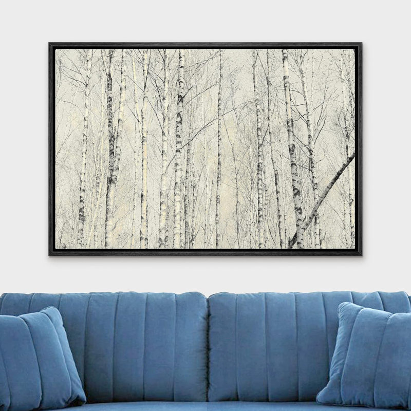 Collage de bouleau blanc, forêt, nature sauvage, technique mixte, paysage rustique, H 16 po x l 24 po, Cadre flottant noir