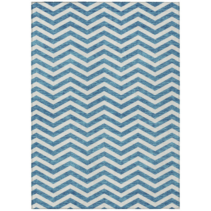 3' X 5' Teal Blue And Ivory Chevron Washable Indoor Outdoor Area Rug