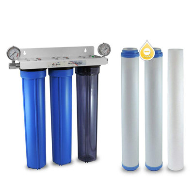 Max Water 3 Stage Whole House 20 x 2.5 Inch, Water Filtration System Sediment + Cation + GAC + Gauge