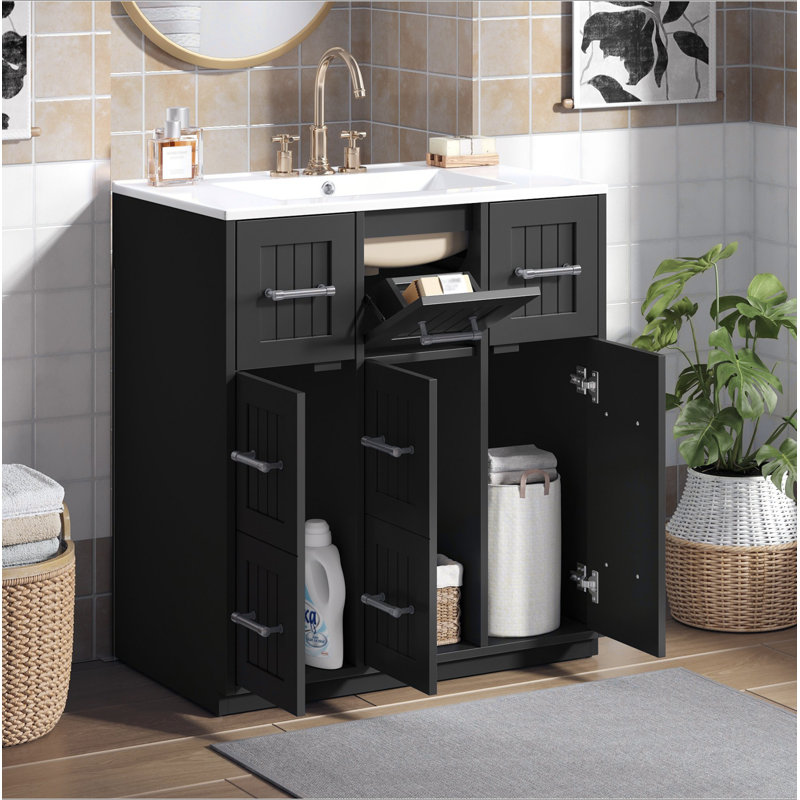 Meuble-lavabo de 30 po avec lavabo encastré et tiroirs, surface peinte, portes à fermeture en douceur, armoire de salle de bain avec tiroir basculant