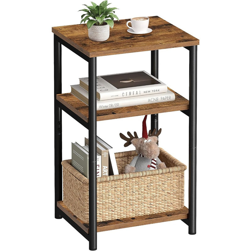 Petite table de bout avec rangement, grande table de chevet avec structure en acier, table d'appoint rustique brune et noire pour le salon, la chambre à coucher, le bureau et la salle de bain