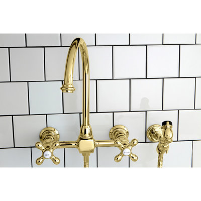 Kingston Brass Restoration Double-Handle 3-Hole Wall-Mount Bridge Kitchen Faucet with Brass Sprayer