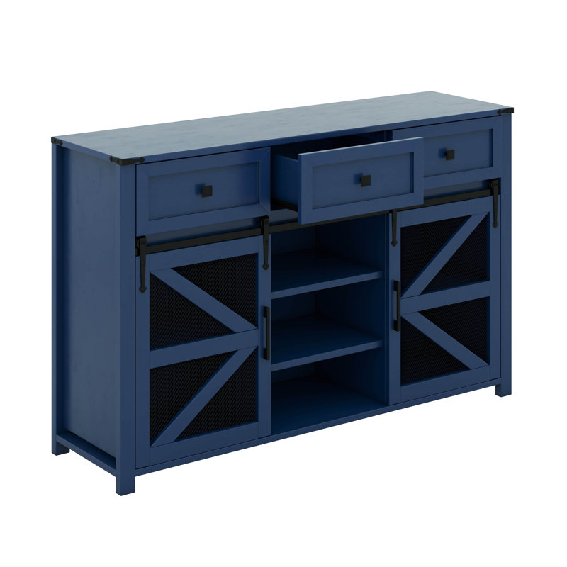 Buffet à portes coulissantes avec 3 tiroirs et tablettes réglables, Marine
