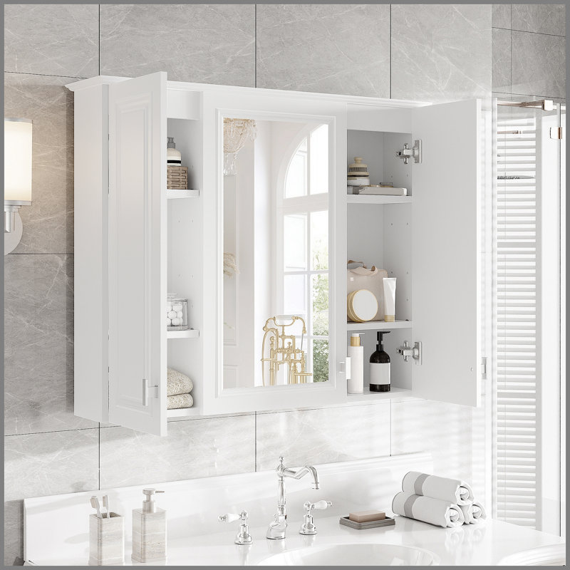 Armoire de salle de bain 35 po 2-en-1, armoire à pharmacie murale avec 5 tablettes réglables, armoire de rangement avec porte à miroir, blanc