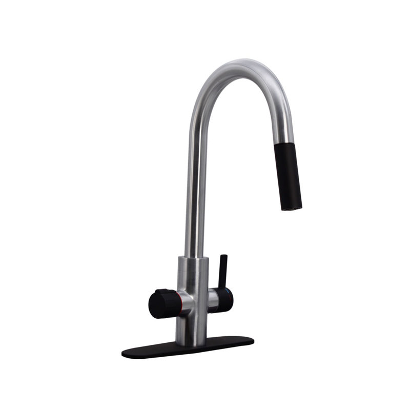 HotMaster 4-In-1 Pull Down Single Handle Kitchen Faucet, Matte Black/Stainless Steel