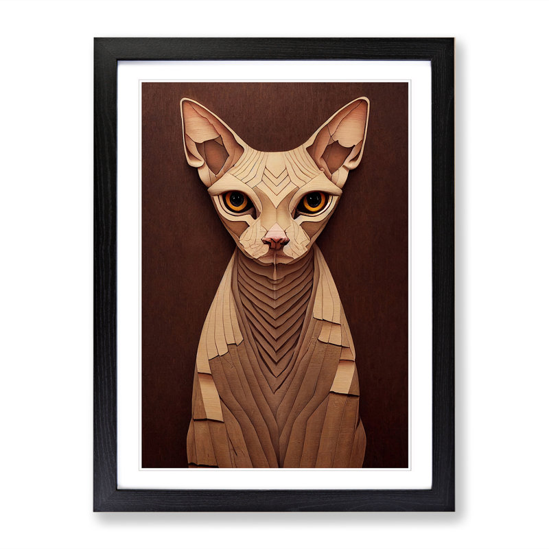 Sphynx Cat Wood Carving - Single Picture Frame Print, 64cm H x 46cm W x 2cm D, Walnut