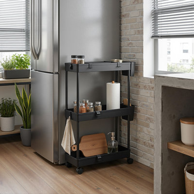 Chariot de rangement roulant à 3 niveaux avec bacs de rangement amovibles, séparateurs réglables et crochets multifonctionnels, organisateur de chariot utilitaire en plastique étroit pour la cuisine, la salle de bain, la salle de lavage, le bureau et les petits espaces