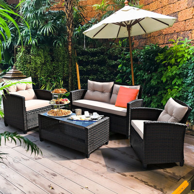 Foxcroft 4 Piece Rattan Sofa Seating Group with Cushions