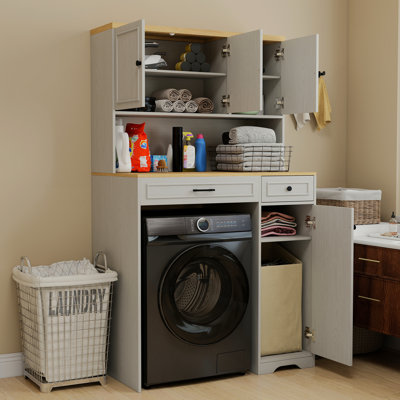 Over The Washer And Dryer Storage Cabinet Suitable For Compact Washing Machines, Laundry Room Storage Organizer With 1 Laundry Basket, 4 Doors, 1 Drawer And 2 Adjustable Shelves-Antique White