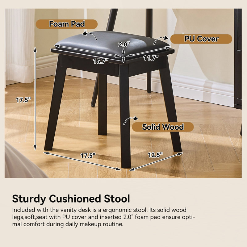 Modern Makeup Vanity Desk with LED Lights Mirror with Stool, Black