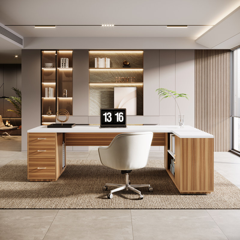 85.8" L-Shaped Executive Desk with File Drawers, White/Brown