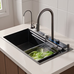 Évier de cuisine en acier inoxydable noir, avec surface alvéolée et ensemble d'accessoires multifonctionnel, résistant aux égratignures et aux bactéries, style poste de travail moderne