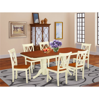 Ensemble de salle à manger 7 pièces comprenant une table rectangulaire à rallonge papillon et 6 chaises en bois, 101,6 x 198 cm, couleur crème et cerisier.