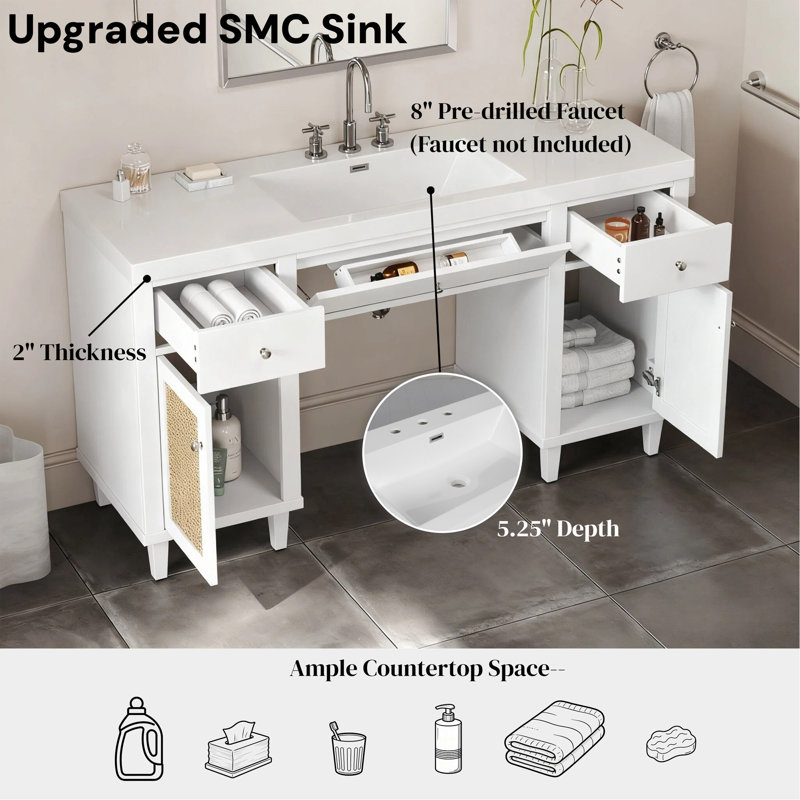 Meuble-lavabo de 60 po avec lavabo SMC, armoire de rangement spacieuse moderne avec tiroirs à fermeture en douceur et plateau basculant, pieds en bois massif et poignées en métal argenté