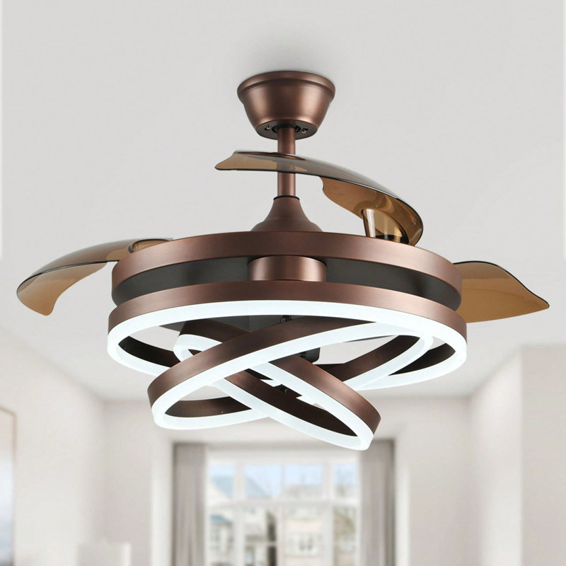 36 Inch Modern Retractable Chandelier Ceiling Fan With Lights And Remote, Silent DC Motor LED Dimmable DIY Shade Ceiling Fan