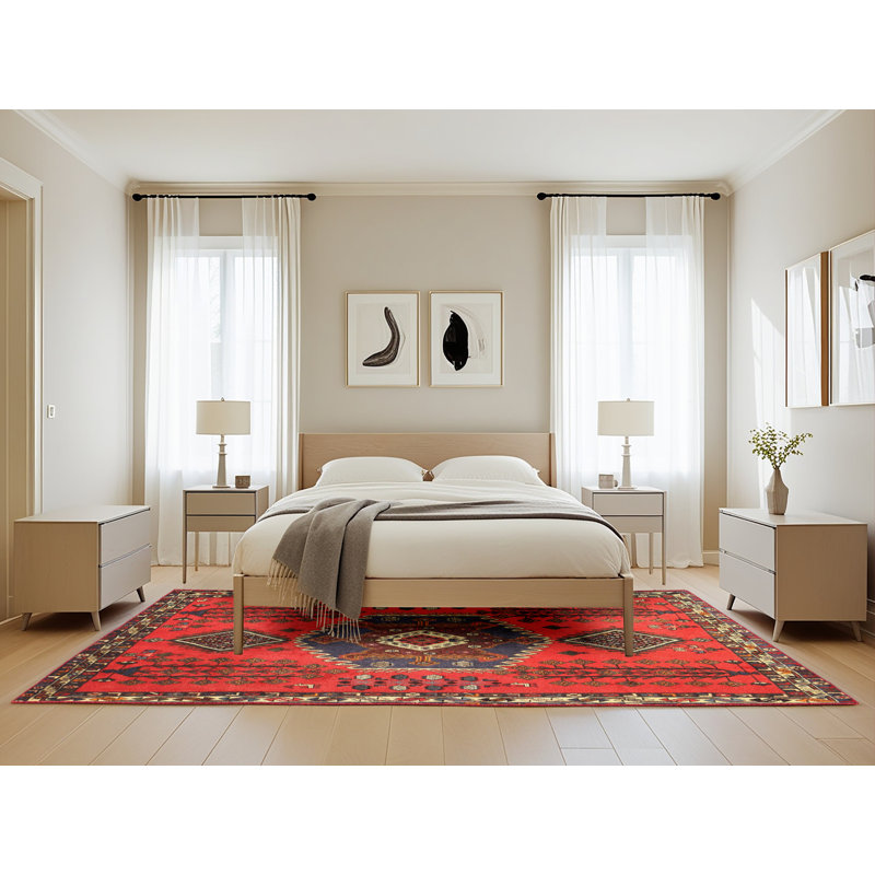 Tapis traditionnel rouge / bleu / beige, Rectangle 5 pi x 8 pi