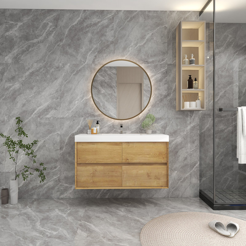 Ensemble de meuble-lavabo mural simple 47 po, Chêne