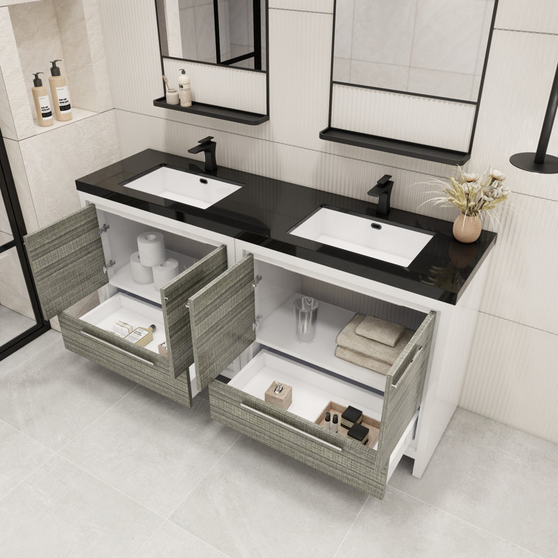 Catori 72" Double Bathroom Vanity Set, High Gloss Ash Gray