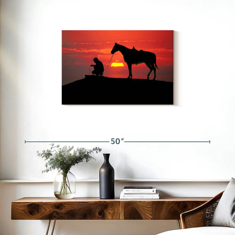 Cowboy du Texas au coucher du soleil, H 20 po x l 30 po