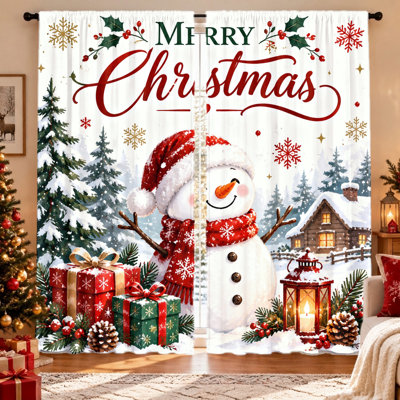 Ensemble de 2 rideaux à motif bonhomme de neige pour Noël, thème festif, tissu filtrant la lumière, protection de l'intimité, œillets pour tringle, lavables à la machine, parfaits pour le salon, la chambre, la chambre d'enfant, et comme décoration.