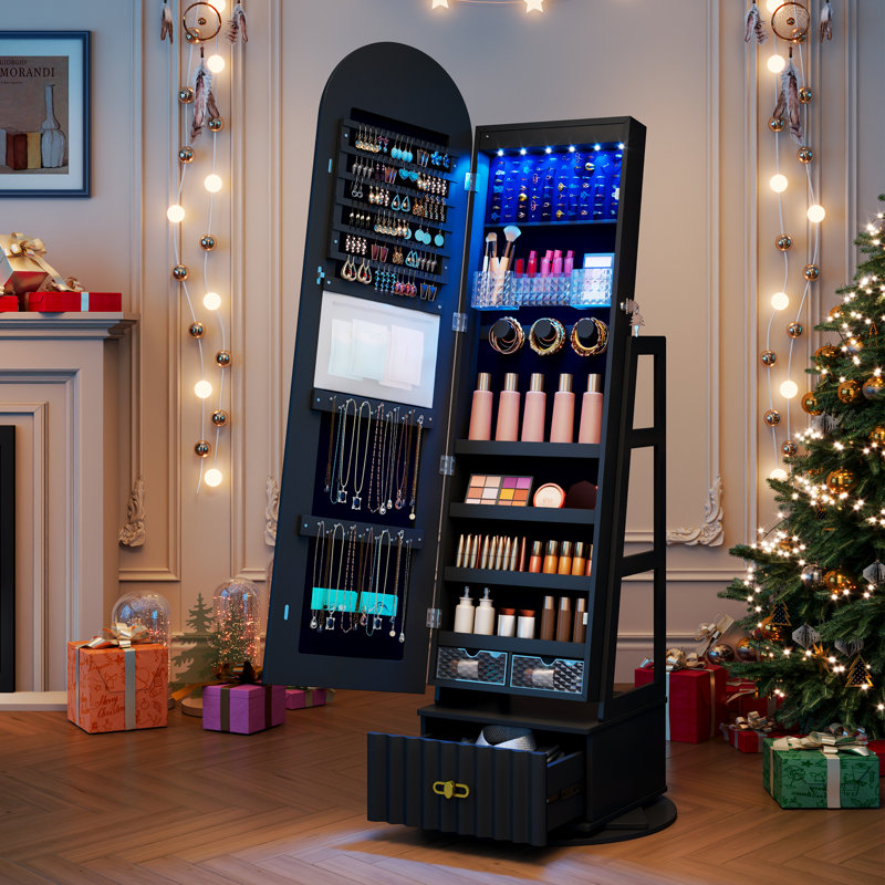 360° Swivel Arched Mirror Jewellery Cabinet, Black