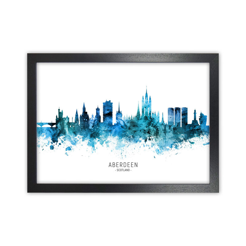 Aberdeen Scotland Skyline Blue City Name by Michael Tompsett - Print, Black Framed, 25cm H x 34cm W x 3cm D