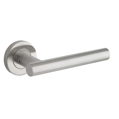 1 Pair Straight T-Bar Door Handles on Round Rose in Satin Nickel Finish with Ball Bearing Hinges and 64mm Tubular Latch