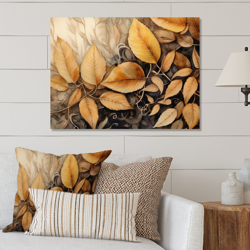 «Brown Beige Leafs Harmony II», reproduction d'art floral en métal, H 30 po x l 40 po x P 1 po