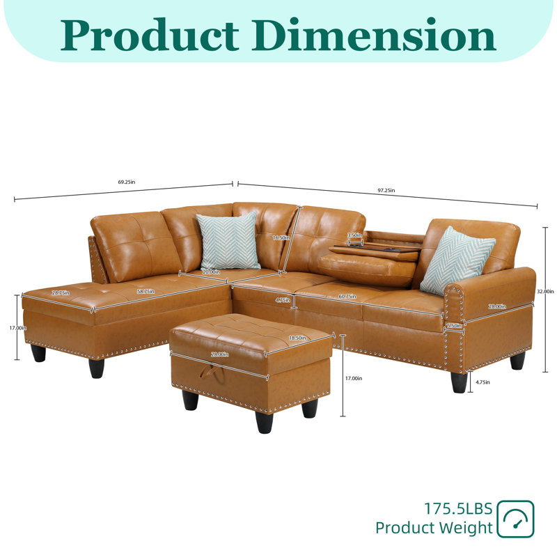 Boneless Sectional Sofa With Chaise,l Shaped Couch With Storage Ottoman For Living Room,apartment, Ginger Faux Leather