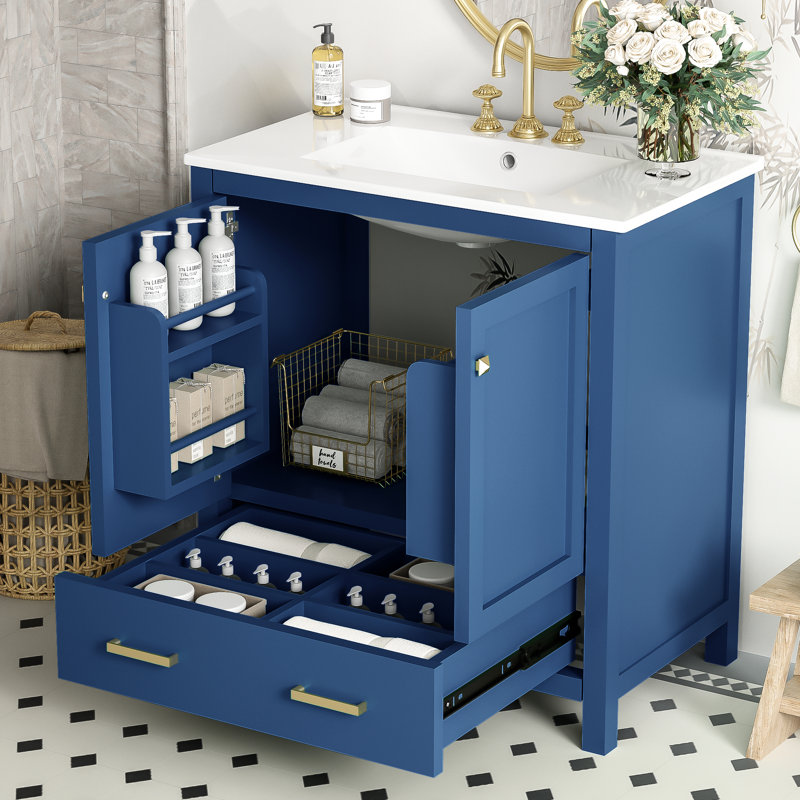 Meuble-lavabo de 76 cm (30 po) - Élégant avec lavabo simple et espace de rangement, charnières à fermeture douce pour un environnement silencieux, robinetterie centrale, pratique et stylé