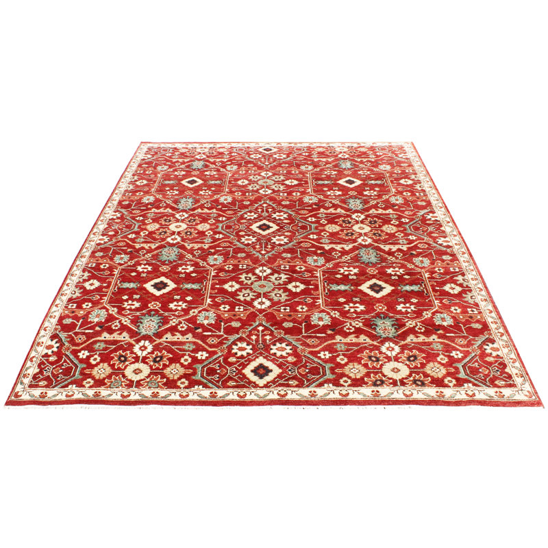 Luxury Handmade Wool Rug | Authentic Oriental Rug | Bold Red Persian Lattice Design | Traditional Red Heriz-Inspired Area Rug