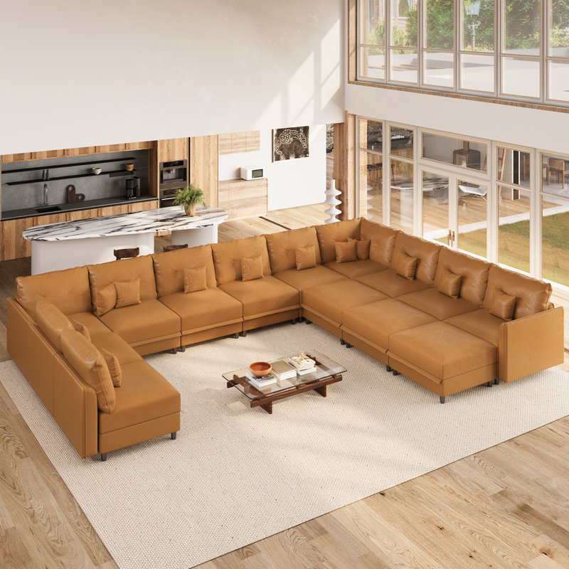 Zendajas Upholstered U-Shaped Sectional, Brown Faux Leather