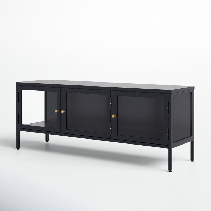 Black Metal and Glass 3-Cabinet TV Stand with Brass Knobs