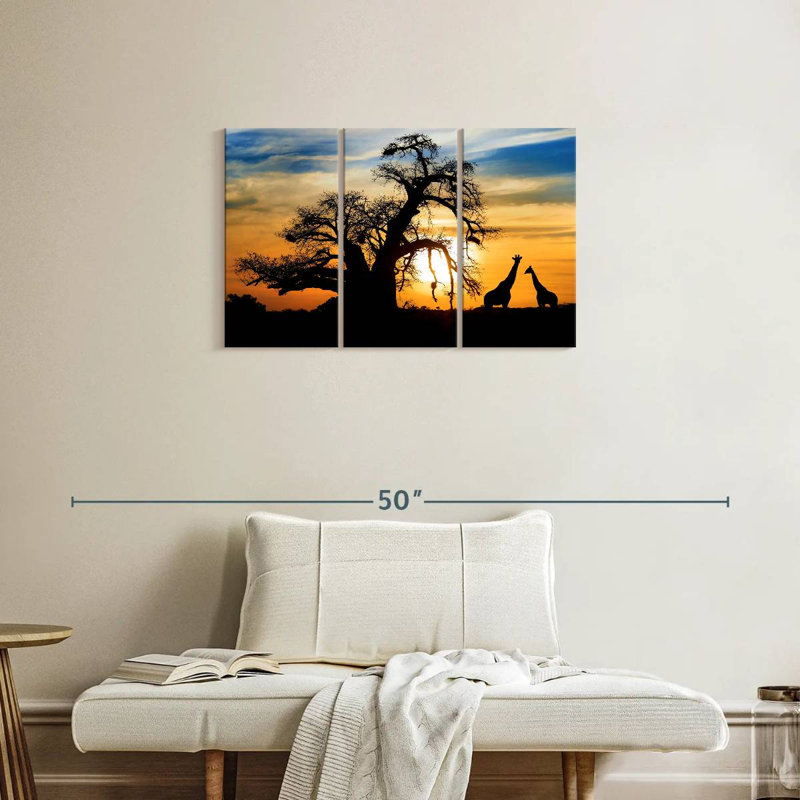 Coucher de soleil africain girafes, H 20 po x l 33 po