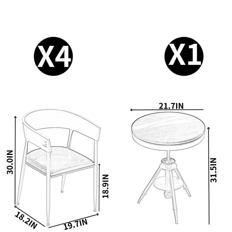 Ensemble de table et chaises de style industriel, Noir, Noir