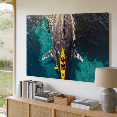 Canvas Kayak And Blue Whale Aerial Canvasocean Scale And Coexistence Wall Art Ready To Hang Gallery Wrapped Home Decor Modern Design