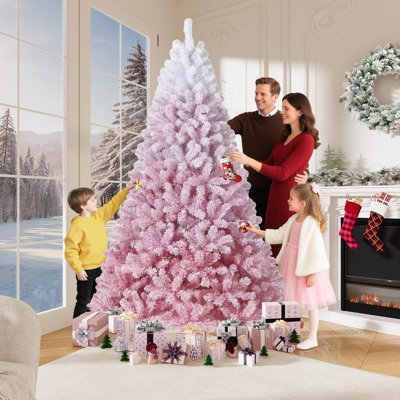 Arbre de Noël artificiel pré-éclairé avec 100 lumières à DEL blanc chaud, arbre de Noël enneigé avec 300 branches et support en métal, décoration de Noël intérieure et extérieure, dégradé rose