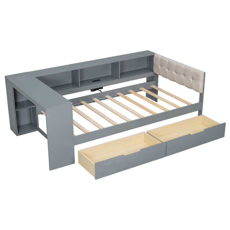 Lit plateforme simple en bois avec tablettes de rangement, tiroirs, station de charge et tête de lit tapissier pour chambre à coucher moderne