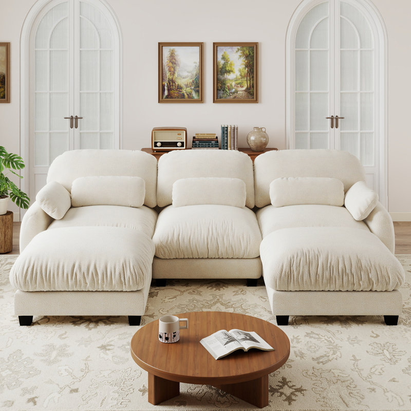 Upholstered 104.3 " Chenille Sectional, 3-Seater Sofa + 2 Ottomans, Beige