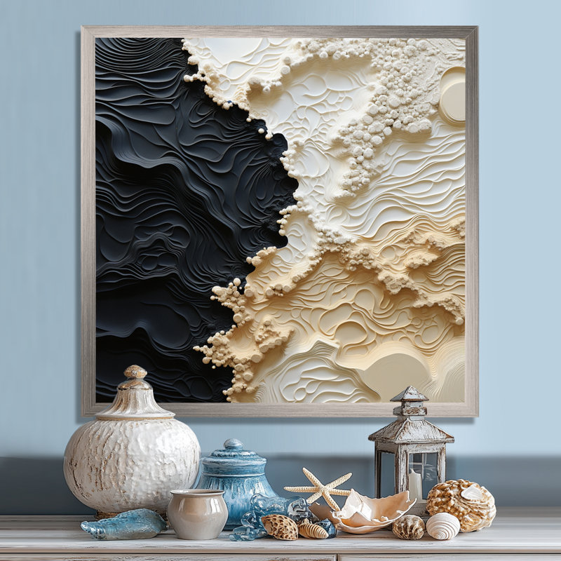 Abstrait crème et noir liquide, reproduction d'art sur toile côtière, Reproduction avec cadre flottant, H 30 po x l 30 po