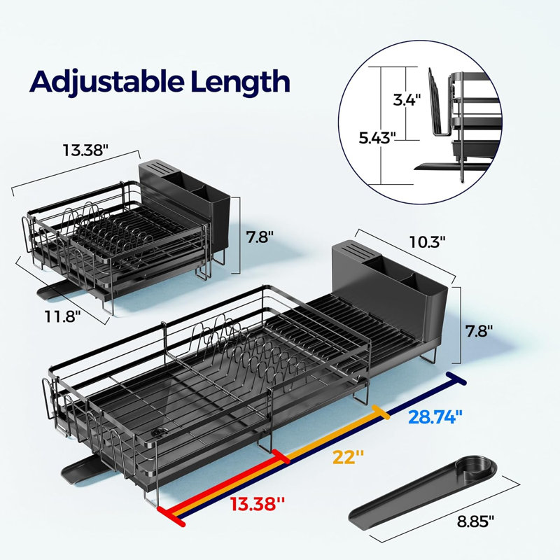 Expandable Dish Rack for Kitchen Counter, Dish Drainer with Drainboard Set, Multifunctional Dishrack with Utensil & Cup Holder