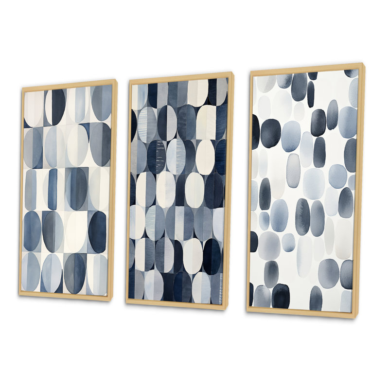 «Universal Grid Circular Watercolor Retro Blue», 3 pièces sur toile, Cadre naturel flottant, H 20 po x l 36 po