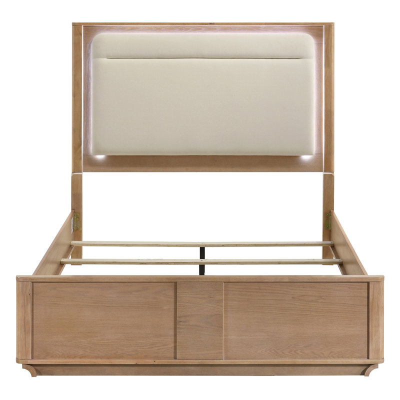 Ensemble de chambre à coucher Adeline en chêne clair pour lit queen avec tête de lit DEL, commode et miroir