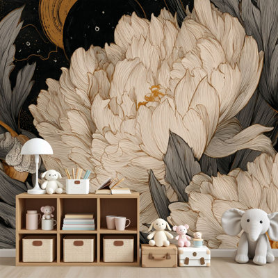 Papier peint auto-adhésif pivoines éthérées serpents sous le croissant de lune, art floral foncé H 100 po x l 144 po, papier mural amovible en PVC auto-adhésif pour chambre à coucher, bureau à domicile