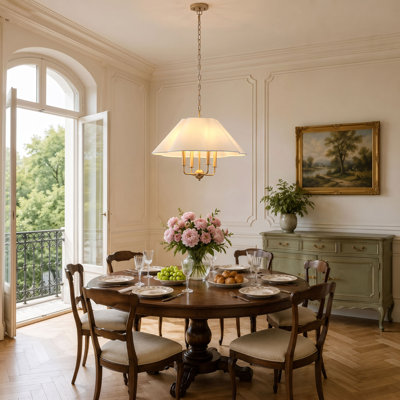 Lustre 4 lumières style campagne moderne doré avec abat-jour en tissu et chaîne réglable