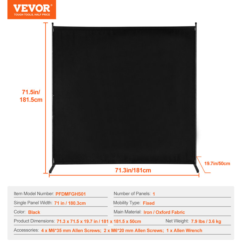 Paravent en tissu à panneau simple 6 pi pour chambre de bureau noir, Noir, noir, noir, noir