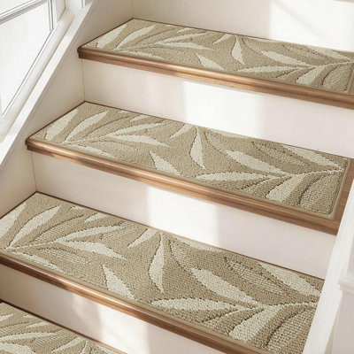 Tapis d'escalier 3D à motif de feuilles, antidérapant, avec envers en TPE, lavable à la machine, ensemble de 14, 23 x 71 cm, beige.