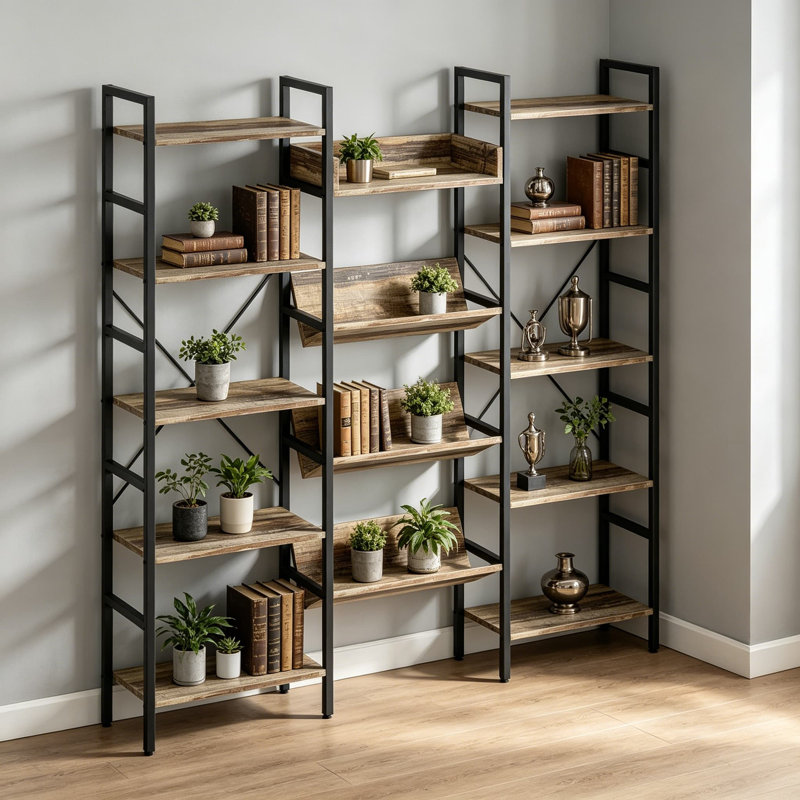 Triple Wide 5-Tier Bookshelf With Baffles, Industrial Bookcase With Metal Frame, Large Storage Shelf For Living Room, Home Office, Brown